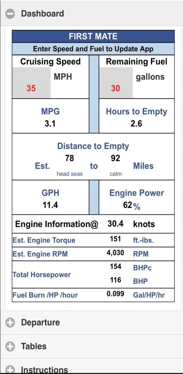 First Mate Dashboard tab with cruising speed, remaining fuel, hours to empty, distance to empty and engine information